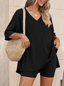 Conjunto de 2 piezas de punto negro con cuello en V y manga corta para mujer, estilo urbano, corte regular, casual, para primavera y verano, color liso, para uso diario con abertura. - Product Image 6