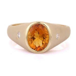 14K Solid Gold Natural <b>Citrine</b> Signet <b>Ring</b>-Resizable Hip Hop Wedding Band Set - Product Image 1
