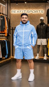 REXFIT SPORTS 2026 – Ensemble de survêtement unisexe personnalisé bleu ciel en nylon, veste coupe-vent à capuche et short, vêtements de sport à marque privée - Product Image 2