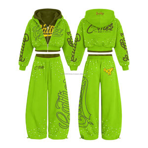 Conjunto de Sudadera con Capucha Corta con Cremallera, Estilo Oversize, Hombro Caído, Bordado, Lavado a la Piedra, con Diseño 'Fighting Ant Custom', de Alto Gramaje 500gsm y Detalles en Piedra Preciosa - Product Image 5