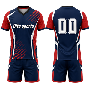 Ensemble de maillot et short de volley-ball bleu marine, rouge et blanc, à manches courtes, sublimé, personnalisé pour équipe, tenue de tournoi - Product Image 1