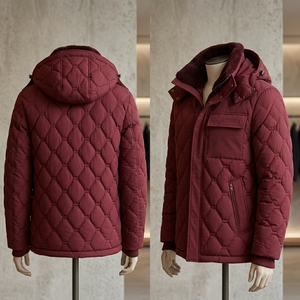 MAATTIERA Quilted Hooded <b>Jacket</b> Red Polyester <b>Fleece</b> Lining Windproof Winter Casual <b>Thick</b> Regular Fit Zipper Closure - Product Image 3