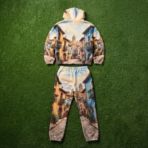 Conjunto de Chándal para Hombre con Sudadera con Cremallera y Estampado Urbano y Pantalones de Pierna Ancha, en Beige, Azul y Marrón, Estilo Urbano Personalizado - Product Image 6