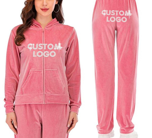 Custom Women’s Favriv <b>Velour</b> <b>Tracksuit</b> Printed Logo Zip-Up Hoodie and Jogger Pants Two-Piece Casual Sportswear Set - Product Image 4