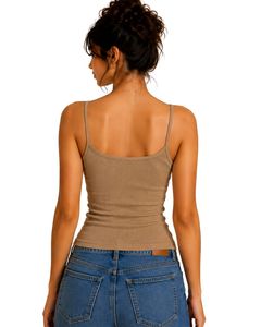 Custom <b>Khaki</b> Women Lace Trim Ribbed Cami Tank <b>Top</b> Spaghetti Strap Sleeveless Cotton Slim Fit Casual Summer Crop Vest Fashion - Product Image 2