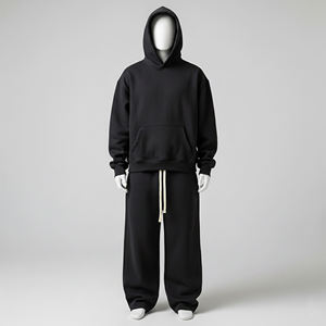 ชุดเซ็ตเสื้อผ้าผู้ชายสำหรับฤดูหนาว ผ้าฟลีซบุขนด้านใน สีพื้น ผ้าฝ้าย 100% ระบายอากาศได้ดี ชุดสองชิ้น ประกอบด้วยเสื้อฮู้ดแบบสวมหัวและกางเกงขายาว - Product Image 4