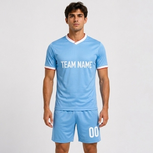 Maillot de football bleu clair pour homme, col en V, manches courtes, imprimé par transfert thermique, personnalisable avec le nom de l'équipe, polyester respirant - Product Image 6