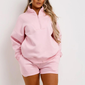 Women Plus Size <b>Pink</b> Quarter-Zip Sweatshirt Set Solid Color Casual Loose Fit Full Sleeve Shorts Cotton <b>Tracksuit</b> Spring Wear - Product Image 4