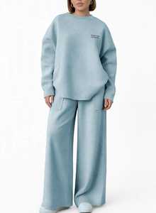 Ensemble de survêtement décontracté 2 pièces pour femme en coton imprimé bleu clair, sweat-shirt à col roulé et pantalon large longueur pleine - Product Image 2