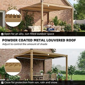 Pérgola Marrón con 10 x 10 Paneles de Celosía, Luces LED Solares, Techo Metálico y Canaletas de Drenaje, Gazebo para Patio Exterior y Refugio - Product Image 5