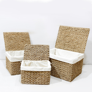 Natural Rattan Storage Baskets Rectangle With Lid Eco-Friendly <b>Rustic</b> Multi-Purpose Neatening Organizer Set - Product Image 6