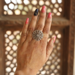 DIVYORO Women's Modern Geometric Lattice Dome <b>Ring</b> in Brass with Oxidized Silver Plating - Product Image 4