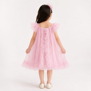 Girls Pink Tulle Princess Dress | Elegant Flutter Sleeve Party Dress - Product Image 4