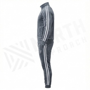 <b>Men's</b> Dark Gray <b>Velour</b> <b>Tracksuit</b> Full Zip Stand Collar Solid Color Casual Sportswear With Side Pockets Autumn Wear - Product Image 3