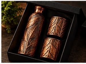 Luxury Copper Water Bottle and <b>2</b> <b>Cups</b> Set with Wavy Pattern Portable <b>Flask</b> Gift Box for Business Gifts - Product Image 4