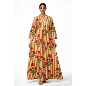 Robe longue bohème en coton faite à la main avec imprimé blocs, rayures moutarde et motifs floraux rouges pour femme - Product Image 1