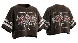 Couleur unie unie délavée à la pierre, coupe courte, style streetwear, vente en gros, épaules tombantes, coupe oversize ample, effet usé, 100% coton, Hip Hop - Product Image 2