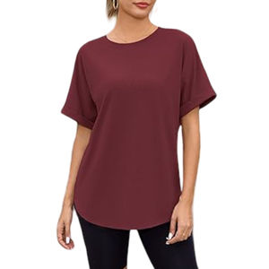 Camisetas de Manga Corta para Mujer, Color Rojo Oscuro, Corte Holgado, Cuello Redondo, con Logotipo Personalizado, Estilo Casual de Verano - Product Image 4