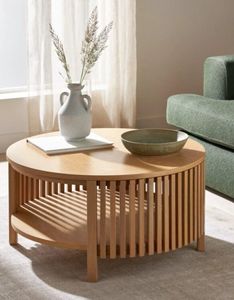 Mesa de centro moderna redonda de madera de teca con estante de almacenamiento, muebles de estilo escandinavo para sala de estar - Product Image 1