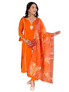 Latest Women's Orange Viscose Chanderi Embroidery <b>Kurti</b> with Chanderi Pant Chanderi Silk With Printed Dupatta Sets - Product Image 1