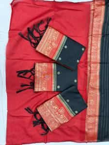 2026 Bollywood Celebrity Vidya Balan Inspired Black <b>Silk</b> Saree Traditional Kanjivaram Style <b>Red</b> Border Tassels Summer Sun - Product Image 6