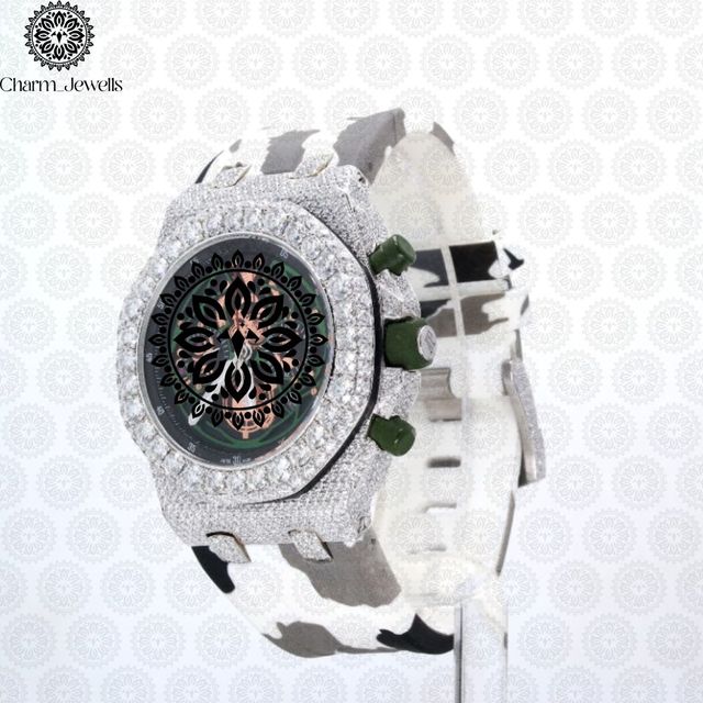 Charm_Jewells Luxury Stainless Steel Watch 43mm Round Diamond Encrusted Sapphire Crystal Analog Dial Chronograph Men's Quartz