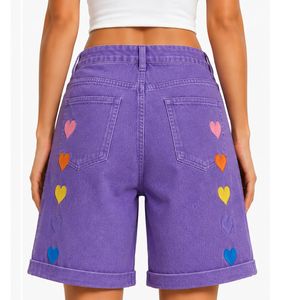 Shorts en jean pour femme, taille haute, coupe ample, ourlet retroussé, en coton, brodés de cœurs arc-en-ciel violets, style décontracté, mode estivale - Product Image 2