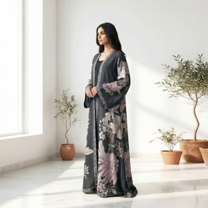 BSY Pattern Open Front Breathable Abaya Arabic Modest Islamic Floor Length <b>Long</b> Sleeve Muslim Prayer & Party Apparel - Product Image 3