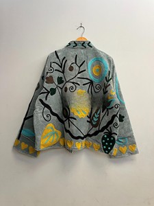 Handcrafted Grey Velvet <b>Jacket</b> with Vibrant Suzani Embroidery and Boho-Chic Tribal Versatile <b>Jacket</b> <b>Mandarin</b> <b>Collar</b> <b>Jacket</b> - Product Image 2