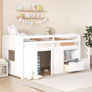Letto a soppalco basso in legno massello per bambini, con scaletta e cassetto, e mensola bianca - Product Image 3