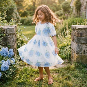 Vestido Floral de Algodón para Niñas, Azul y Blanco, con Mangas Abullonadas, Cómodo y Ligero, para Verano - Product Image 3
