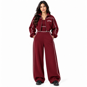 Ensemble de survêtement bordeaux pour femme, veste zippée personnalisée, pantalon large, passepoil contrastant, streetwear, OEM ODM, marque privée, vente en gros, usine - Product Image 1