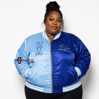 Meilleures ventes : Veste universitaire courte en soie, style Sorority, couleurs contrastées, Zeta Amicae, respirante, broderie en laine, fermeture éclair, bas contrastant, grandes tailles