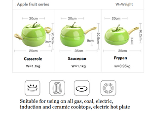 Ensemble de casseroles en forme de pomme verte, 1 pièce, revêtement antiadhésif en émail, aluminium, poignées en plastique, couvercles en verre + silicone - Product Image 4