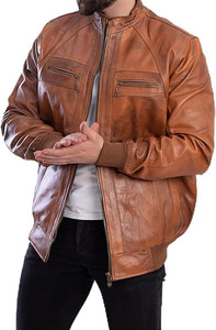 Design Color Block <b>Men's</b> Genuine <b>Leather</b> Winter Motorcycle <b>Jacket</b> Custom High Quality Breathable Puff Printing Wholesale - Product Image 5