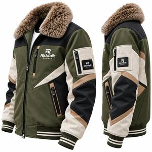 Blouson d'hiver pour homme, style bomber, avec blocs de couleur, col en fausse fourrure, fermeture éclair sur le devant, style sportif, épais, coupe-vent, en toile - Product Image 3