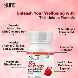 ยาเม็ดธาตุเหล็ก โฟลิก แอซิด ซีลีเนียม สำหรับผู้ใหญ่ ยี่ห้อ INLIFE ได้รับการรับรองมาตรฐาน GMP สำหรับผู้ชายและผู้หญิง พร้อมวิตามินซี อี บี12 ซิงค์ และบรรจุ 60 เม็ด - Product Image 3
