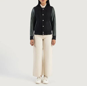 Blouson universitaire court en tricot pour femme à faible MOQ, avec manches longues en cuir, broderie de patch personnalisée, logo personnalisé, usine de blousons de baseball - Product Image 3