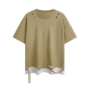 New American Style Retro Fake-Two-Piece Ripped Short Sleeve T-<b>Shirt</b> Men High Street Trendy Brand Oversized Irregular Design Top - Product Image 4