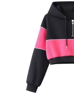 Ensemble crop top et short pour femme, noir et rose, blocs de couleur, fermeture éclair, polyester et coton, vêtements de sport décontractés, tenue deux pièces - Product Image 3