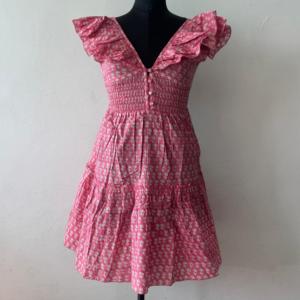 Robe courte en coton tissé à imprimé floral fait main style bohème pour femme, idéale pour le printemps, l'été et la plage, avec volants et col en V, silhouette trapèze - Product Image 2