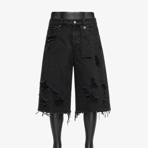 Custom <b>Black</b> Solid Distressed Denim Jorts for <b>Men</b> Baggy Knee Length Front Logo Jeans <b>Shorts</b> OEM ODM Wholesale - Product Image 1