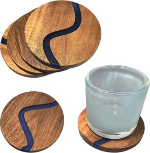 Posavasos Cuadrados de Lujo Hechos a Mano con Madera de Acacia y Resina Epoxi, Diseño Único de Arroyo Azul, 4 mm de Grosor, Más de 600 mm de Diámetro, Decoración para el Hogar - Product Image 1