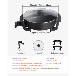 1360W 5L <b>Electric</b> Hot Pot Non-Stick Cooker Clear Glass Lid Double-Flavor Shabu Shabu Divider Temperature <b>Electric</b> <b>Skillets</b> - Product Image 4