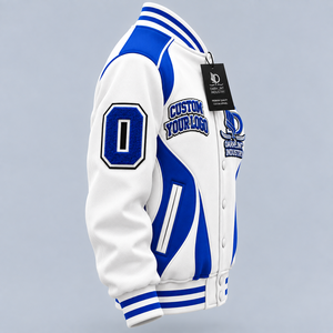 Chaqueta Varsity Blanca y Azul para Hombre, con Logotipo Estampado, Estilo Preppy, Transpirable, Cuello Alto, para Otoño, Corte Regular, Cierre de Botones - Product Image 3