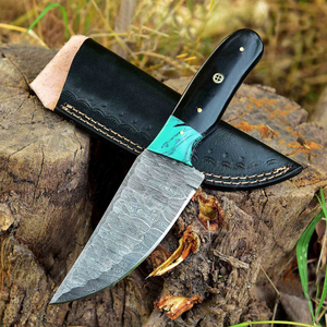 มีดทำมือจากเหล็กดามัสกัสสำหรับล่าสัตว์ ด้ามทำจากเขาสัตว์ ใบมีดแบบ Fixed Blade สำหรับตั้งแคมป์ กิจกรรมกลางแจ้ง และพกพาประจำวัน พร้อมปลอกหนัง - Product Image 1