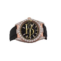 Reloj de Pulsera Briva de Lujo, Cuarzo Analógico, Oro Rosa, Acero Inoxidable, Cristal, Marcadores Negros Plateados, Fecha, Bisel con Piedras Preciosas, Elegante, Negro