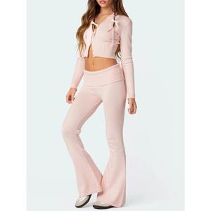 Conjunto de chándal sexy de 2 piezas para mujer, con lavado ácido personalizado y efecto desgastado, de felpa francesa, con sudadera corta con cremallera y pantalón acampanado - Product Image 4
