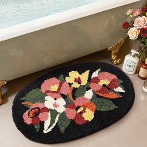 Tapis de bain ovale en coton à motif floral, avec envers antidérapant en caoutchouc, design touffeté épais pour salle de bain, porte, entrée, sol - Product Image 2
