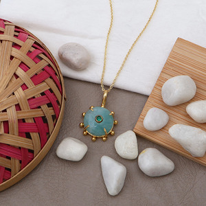 Natural Amazonite Pendant <b>Necklace</b> Green Round Gemstone Gold Plated Bohemian Cross Shape <b>Statement</b> Charm Jewelry for Women - Product Image 3